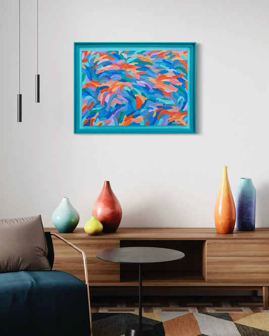 Modern living room with a colorful abstract painting on the wall, wooden cabinet, and decorative vases.