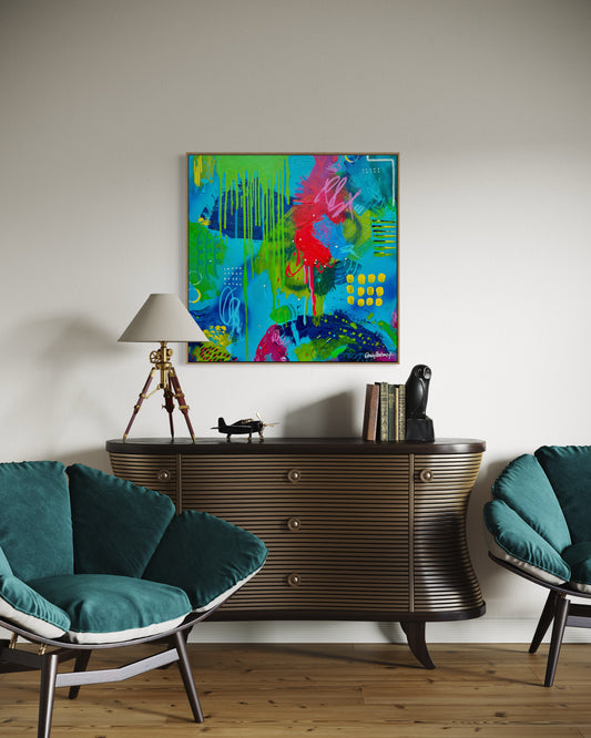 Modern living room with teal chairs, wooden sideboard, and colorful abstract painting.