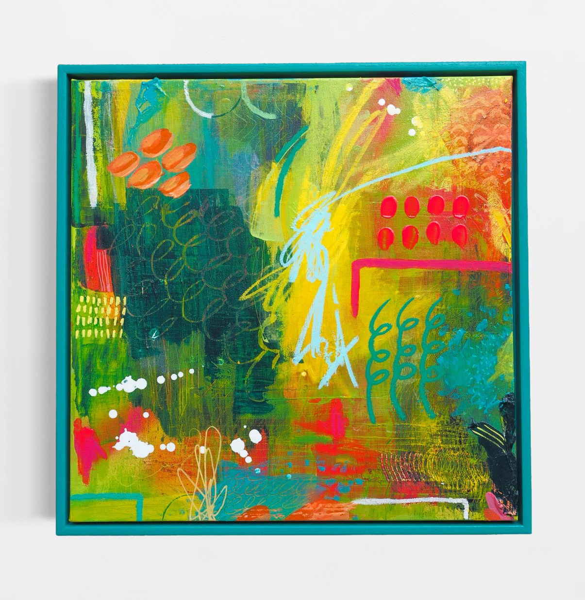 Abstract painting with vibrant colors on a white background