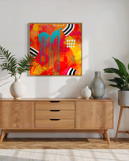 Modern living room with wooden sideboard, abstract painting, and potted plants.