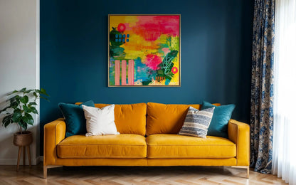 Yellow sofa with colorful pillows against a blue wall with a vibrant abstract painting.