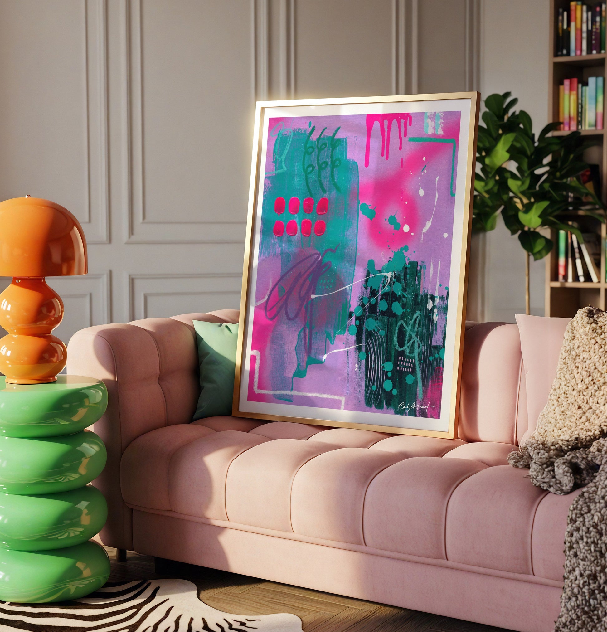 Modern interior with bright purple artwork