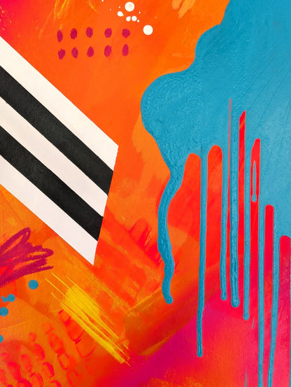 Abstract painting with bold brushstrokes and drips in orange, blue, red, pink, yellow, black, and white.